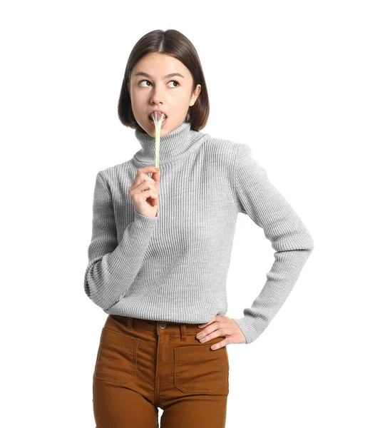 Funny Young Woman Chewing Gum White Background — Stock Photo, Image