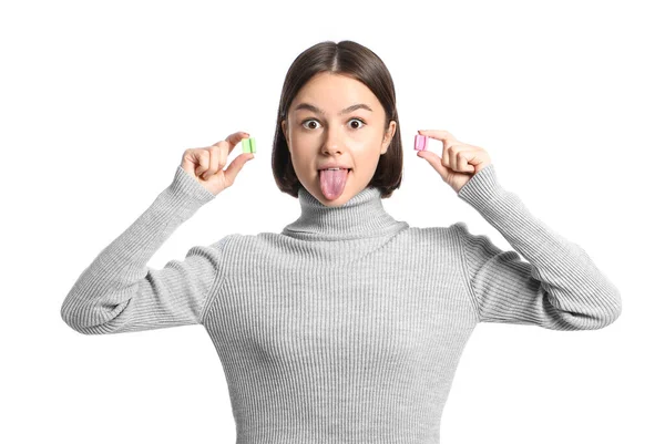 Funny Young Woman Chewing Gum White Background — Stock Photo, Image