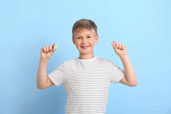 Little Boy Chewing Gums Blue Background — Fotografia de Stock