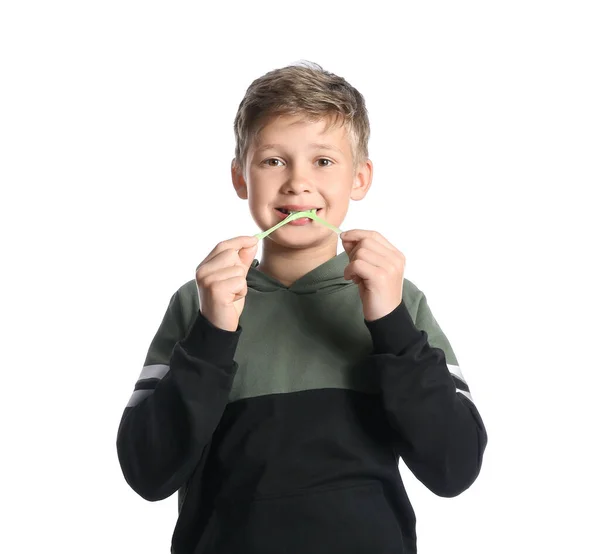 Little Boy Hoodie Chewing Gum White Background — Stockfoto