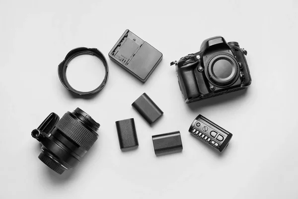 Top View Equipment Professional Photographer Grey Background — Zdjęcie stockowe
