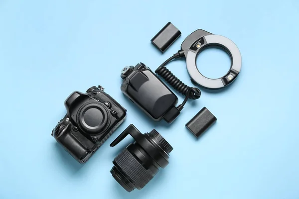 Flat Lay Equipment Professional Photographer Blue Background — Zdjęcie stockowe