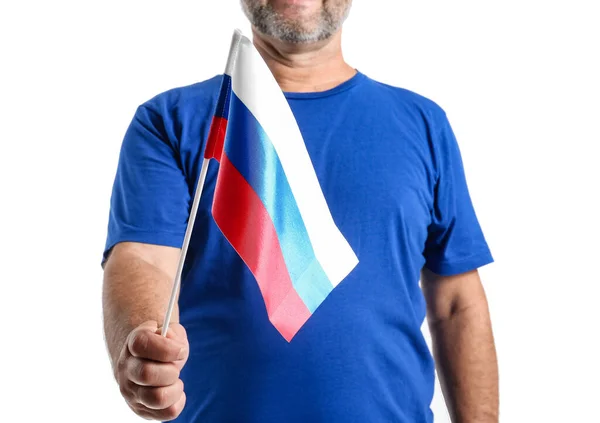 Knappe Volwassen Man Met Vlag Van Rusland Witte Achtergrond — Stockfoto