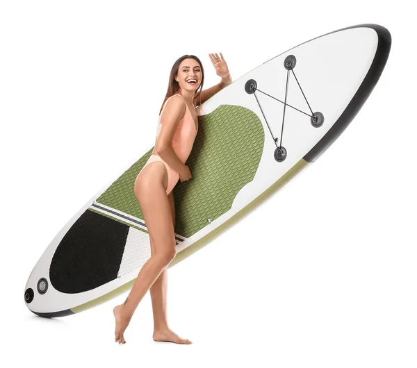 Beyaz Arka Planda Sörf Tahtası Olan Güzel Bir Genç Kadın — Stok fotoğraf