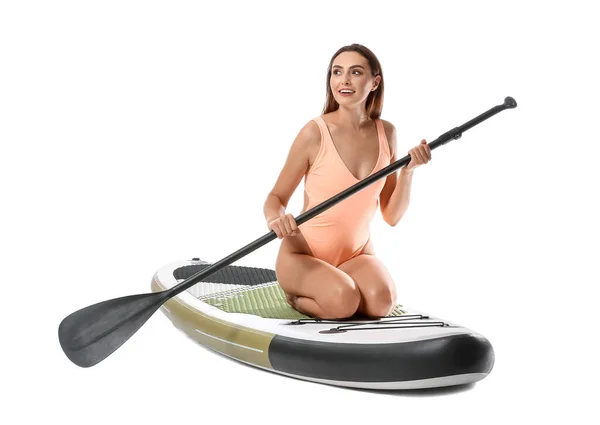Mulher Bonita Com Placa Para Sup Surf Remo Fundo Branco — Fotografia de Stock