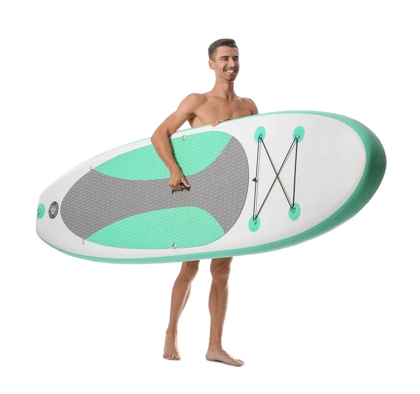 Beyaz Arka Planda Sörf Tahtası Olan Yakışıklı Bir Genç — Stok fotoğraf