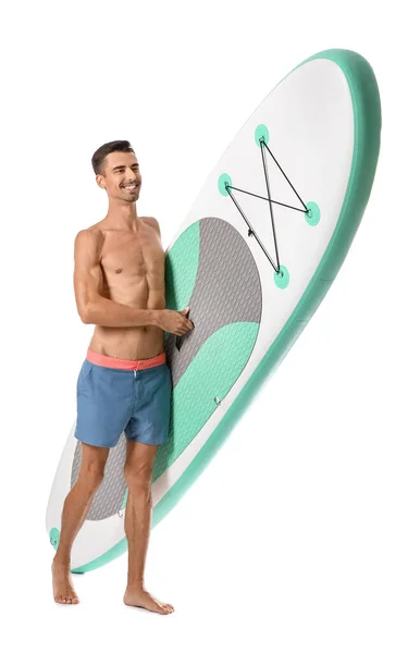 Handsome Young Man Board Sup Surfing White Background — Stockfoto