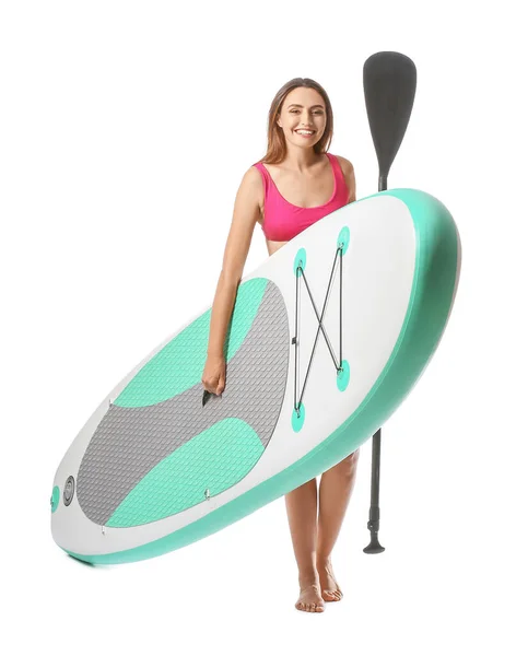 Beautiful Young Woman Board Sup Surfing Oar White Background — Stockfoto