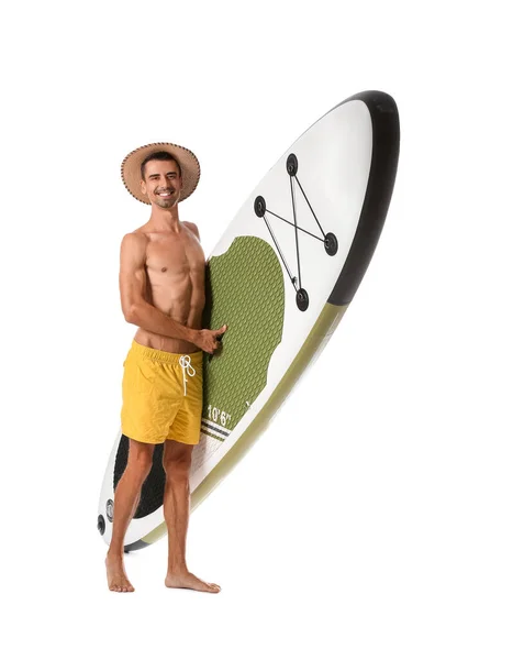 Handsome Young Man Board Sup Surfing White Background — стоковое фото