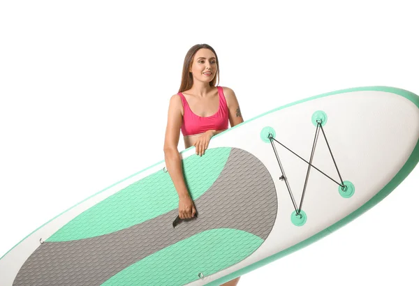 Schöne Junge Frau Mit Brett Zum Surfen Auf Weißem Hintergrund — Stockfoto