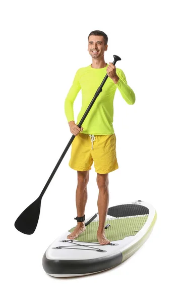 Handsome Young Man Board Sup Surfing Oar White Background — Stock Fotó