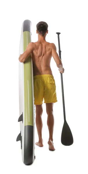 Handsome Young Man Board Sup Surfing Oar White Background — Stockfoto