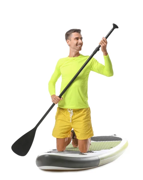 Handsome Young Man Board Sup Surfing Oar White Background — Stock Fotó