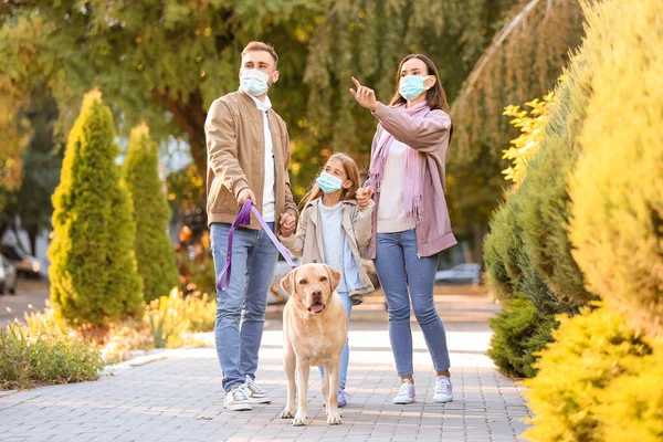 Happy family in medical masks with Labrador dog walking on street
