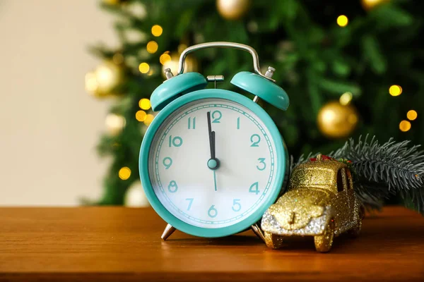Christmas Tree Alarm Clock Wooden Table — Stock Fotó