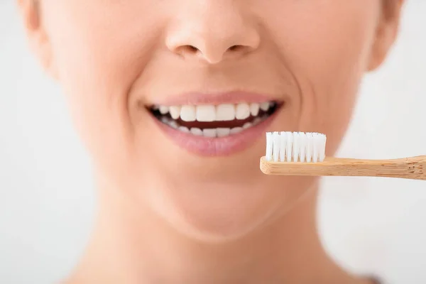 Woman Bamboo Tooth Brush Light Background Closeup — Fotografia de Stock