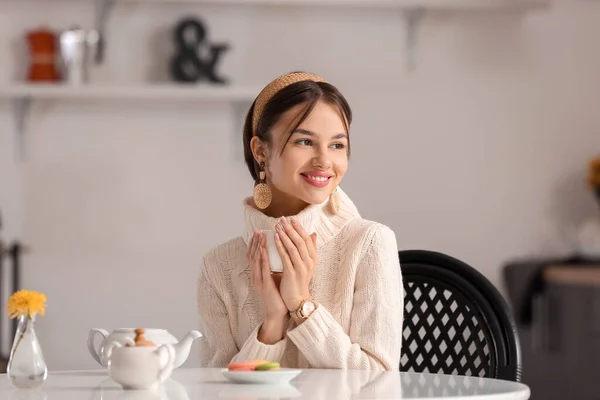 Beautiful Young Woman Drinking Tasty Tea Table Cafe — Stock Photo, Image