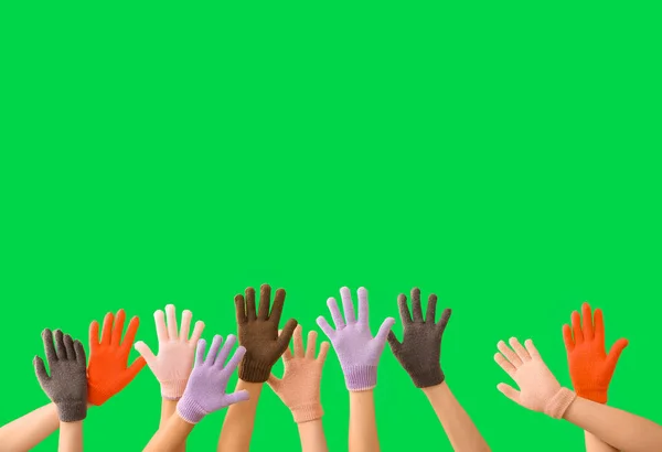 Women Warm Gloves Green Background — Foto Stock