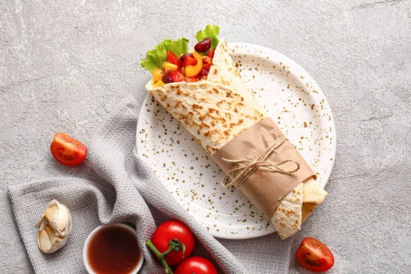 Plate Delicious Burrito Sauce Grey Background — Stock Photo, Image