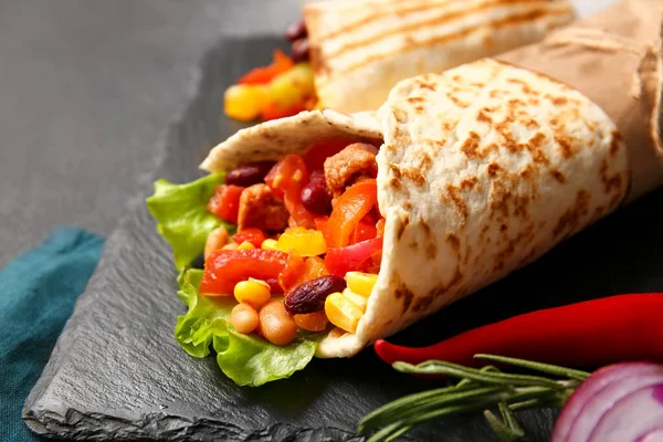 Slate Plate Delicious Burrito Table Closeup — Stock Photo, Image