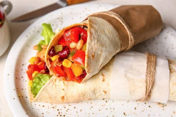 Plate Delicious Burritos Table Closeup — Stock Photo, Image
