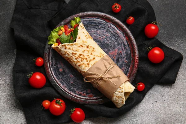 Plate Delicious Burrito Tomatoes Grey Background — Stock Photo, Image