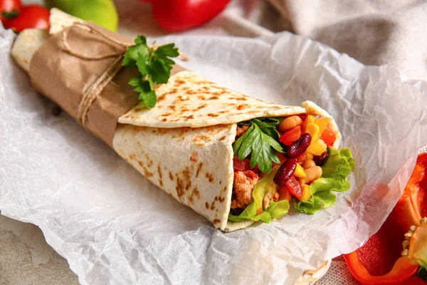 Parchment Delicious Burrito Table Closeup — Stock Photo, Image