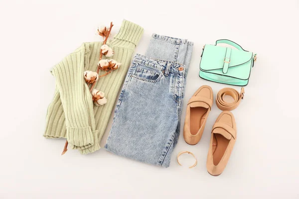 Stylish Female Clothes Accessories Cotton Flowers Light Background — 스톡 사진
