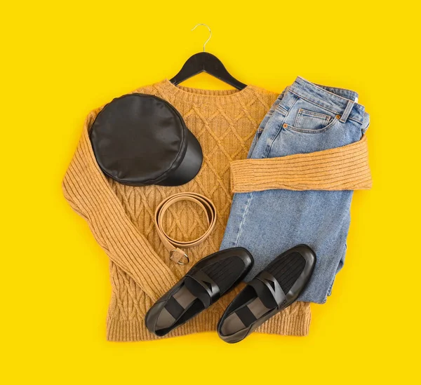 Stylish Female Outfit Yellow Background — Stock Fotó