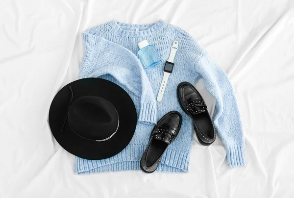 Stylish Female Sweater Felt Hat Shoes Perfume Bottle Smartwatch Light — Fotografia de Stock