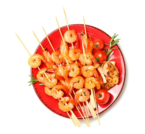 Plate Grilled Shrimp Skewers White Background — Stock Photo, Image