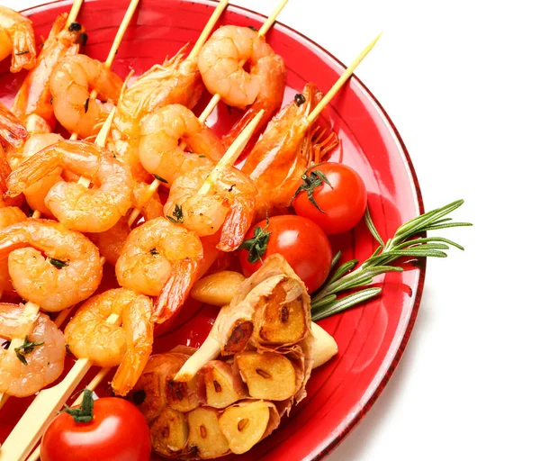 Plate Grilled Shrimp Skewers White Background Closeup — Stock Photo, Image