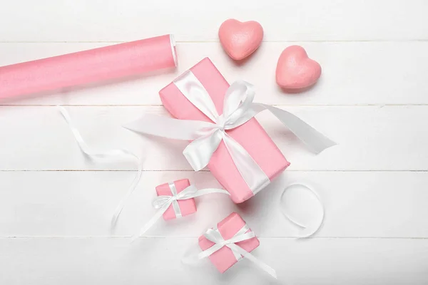 Gift Boxes Valentine Day White Wooden Background — 스톡 사진