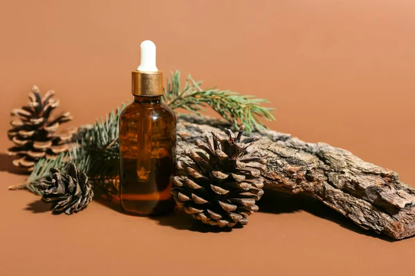 Composition Bottle Essential Oil Tree Bark Pine Cones Color Background — Stock Photo, Image