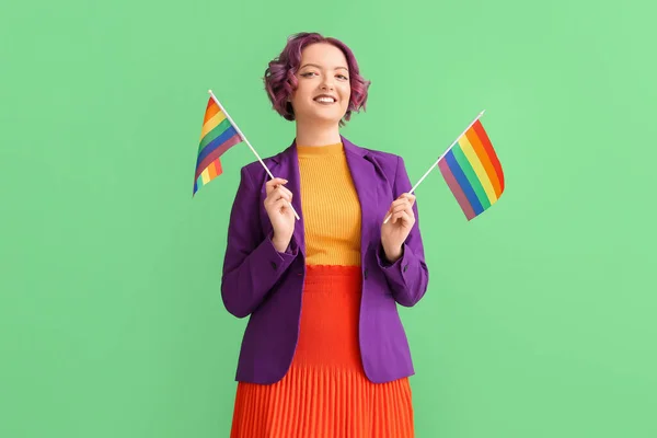 Young Woman Lgbt Flags Green Background — Stockfoto