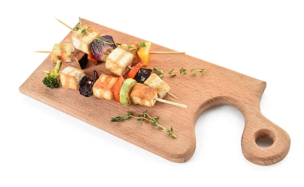 Board Grilled Tofu Cheese Skewers White Background — Stock Photo, Image