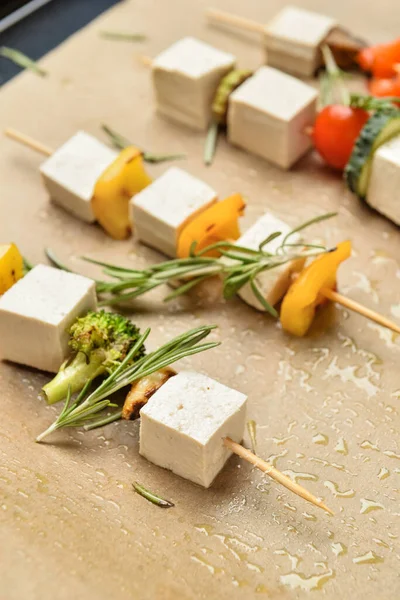 Baking Tray Grilled Tofu Cheese Skewers Table Closeup — стоковое фото