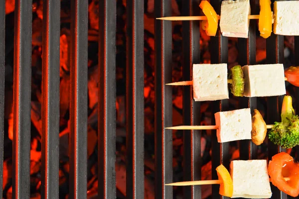 Skewers Tasty Tofu Cheese Vegetables Grill Closeup — 스톡 사진