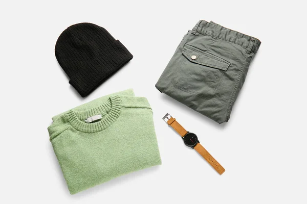 Male Sweater Pants Hat Wristwatch White Background — Stock Fotó