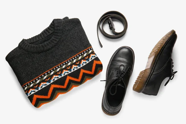 Male Sweater Belt Shoes White Background — Fotografia de Stock