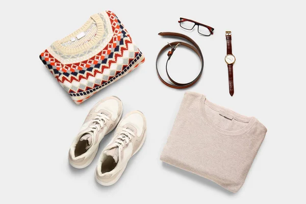 Stylish Male Sweaters Shoes Accessories White Background — Fotografia de Stock