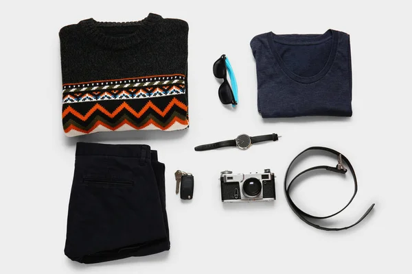 Male Clothes Accessories Photo Camera Light Background — Fotografia de Stock