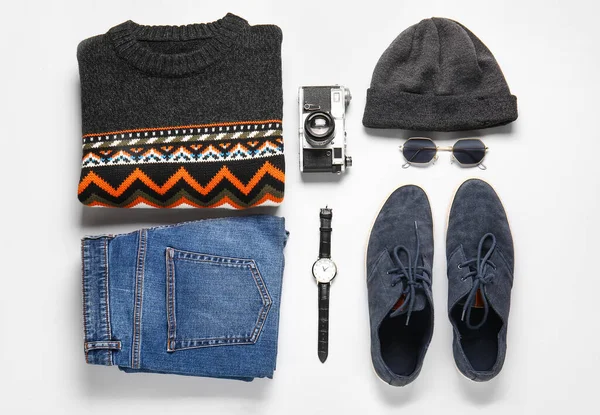 Stylish Male Clothes Accessories Shoes Light Background — 스톡 사진