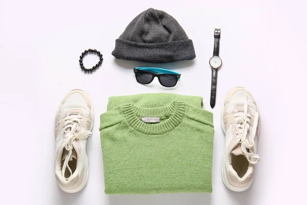 Male Sweater Accessories Shoes Light Background — 图库照片