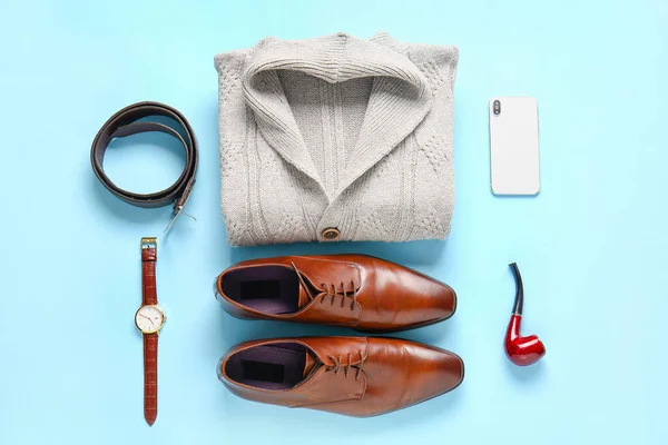 Male Sweater Shoes Accessories Mobile Phone Color Background — Stock Photo, Image