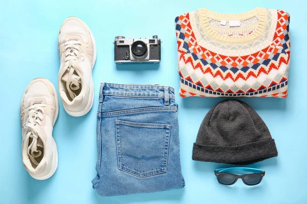 Male Clothes Shoes Accessories Photo Camera Color Background — 스톡 사진