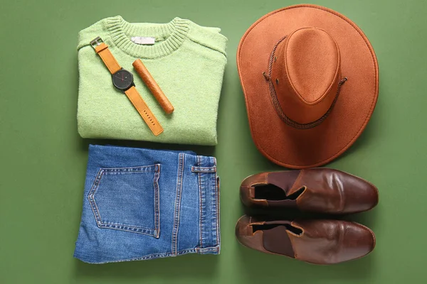 Stylish Male Clothes Accessories Shoes Green Background — 스톡 사진