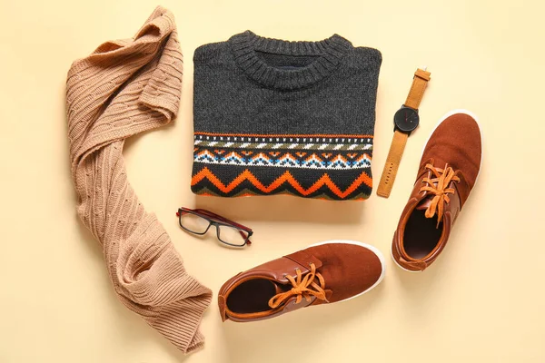 Warm Male Sweater Accessories Shoes Color Background — Stockfoto