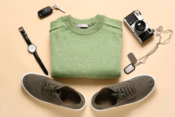 Male Sweater Shoes Stylish Accessories Photo Camera Color Background — ストック写真