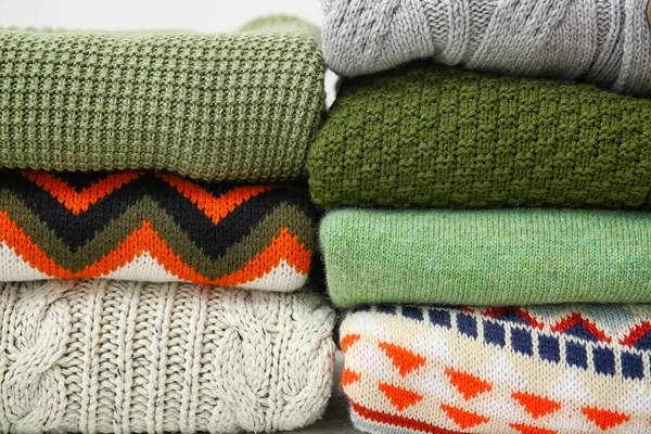 Stacks Stylish Sweaters Closeup — стоковое фото
